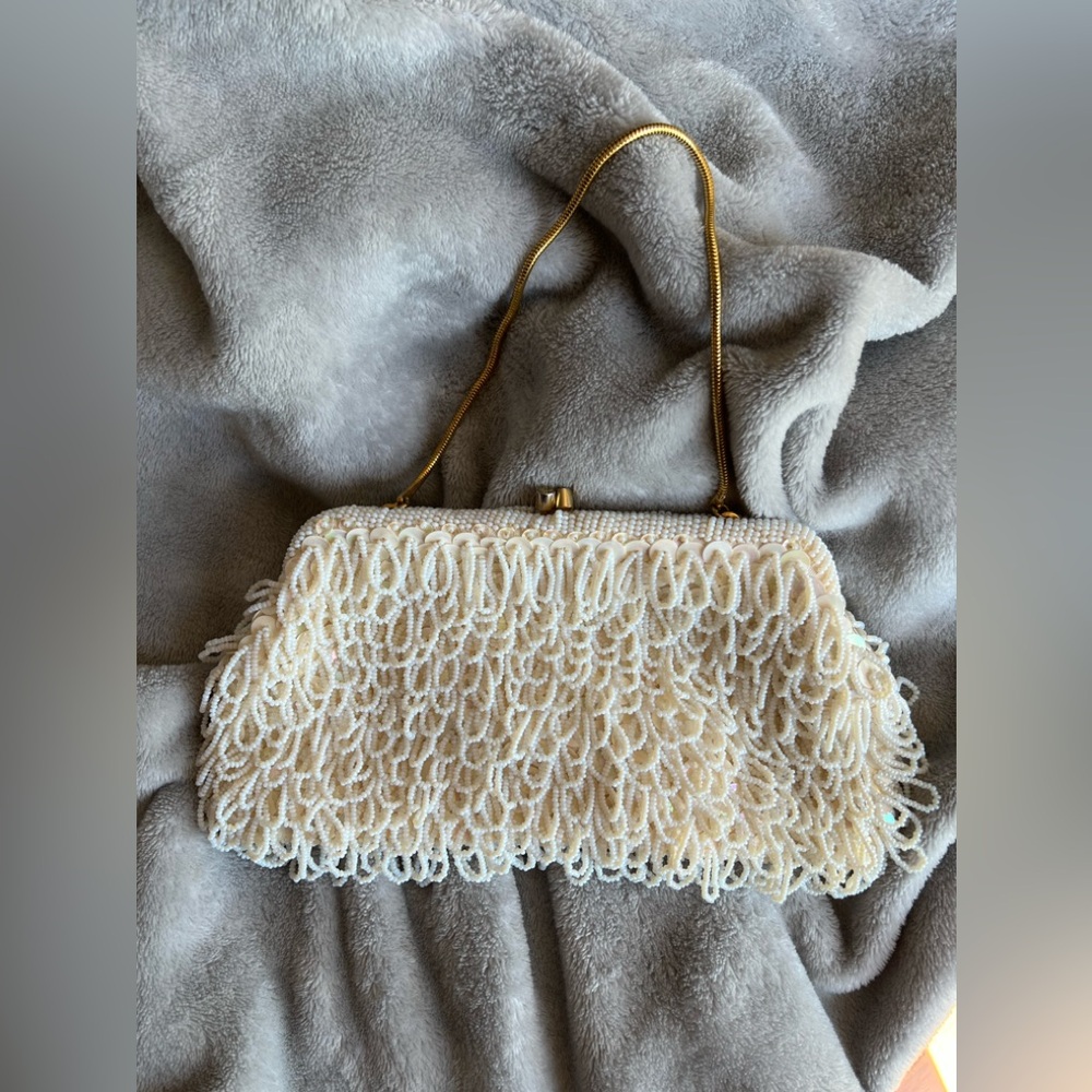 Antique Ivory Beaded Evening Clutch with Gold Chain - Excellent Condition